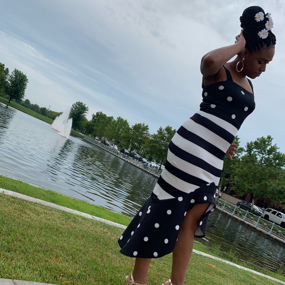 Black and white stripes and dots statement dress
